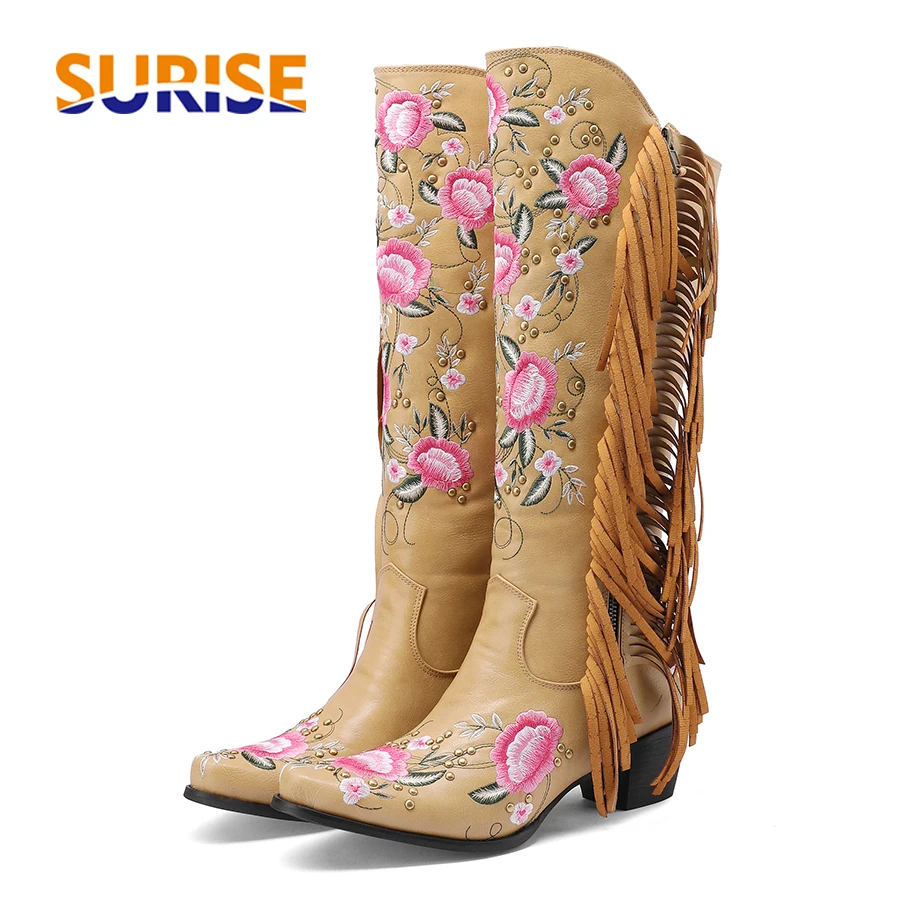 Ethnic And Fashion - Fashion Embroidery Flower Western Knee High