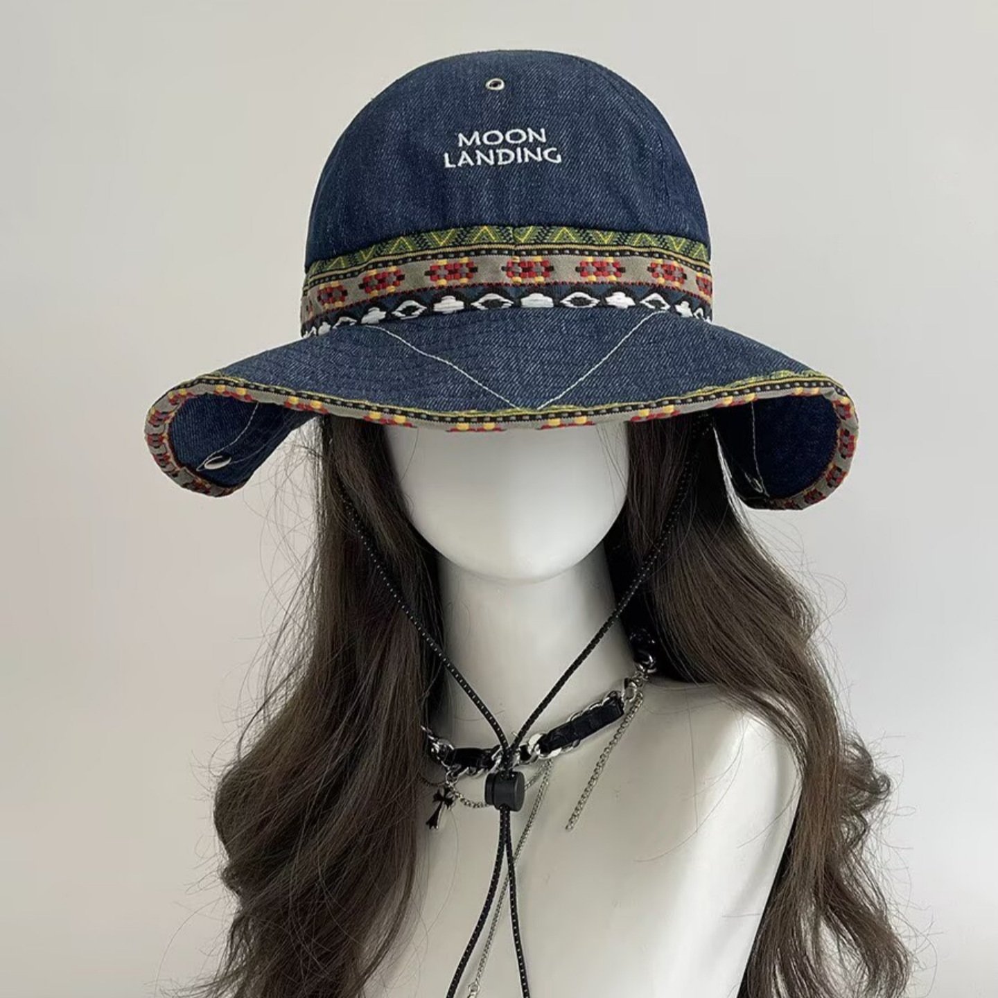 Bohemian Denim Bucket Hat for  - Ethnic Fashion Photography 评论和价格
